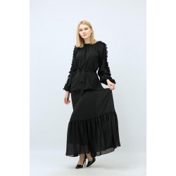 فستان طويل أسود مع حزام 