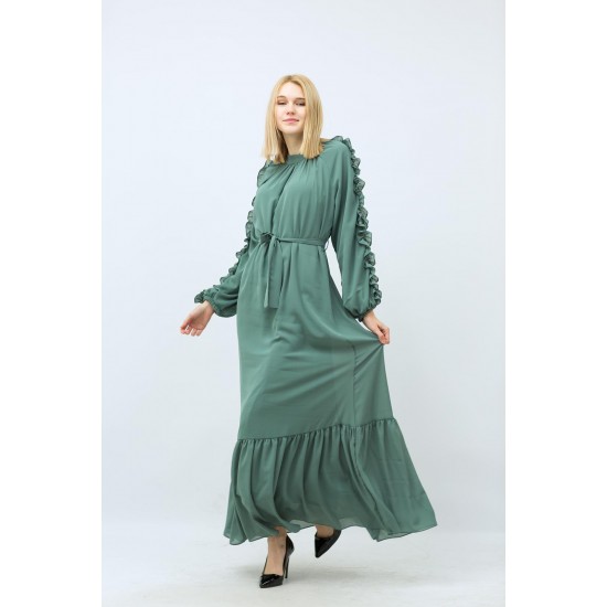 فستان طويل أخضر مع حزام  
