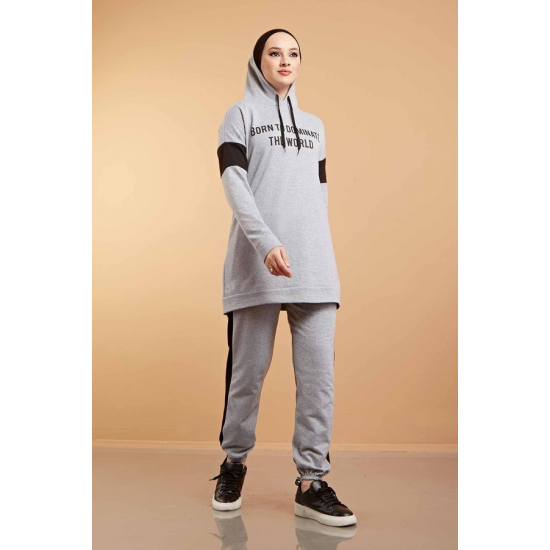  Hooded Printed Sports Suit Grey Color