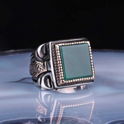 Silver ring with square green agate stone for men