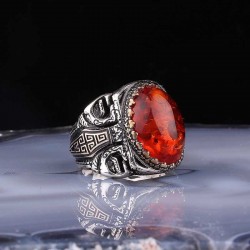 Silver ring with oval amber stone for men