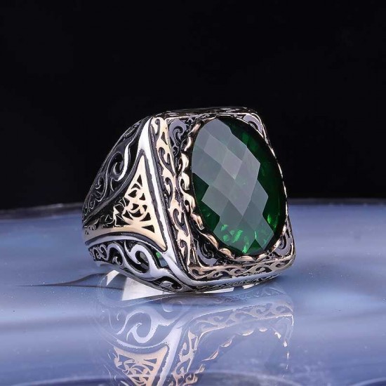 Silver ring with a green square stone for men